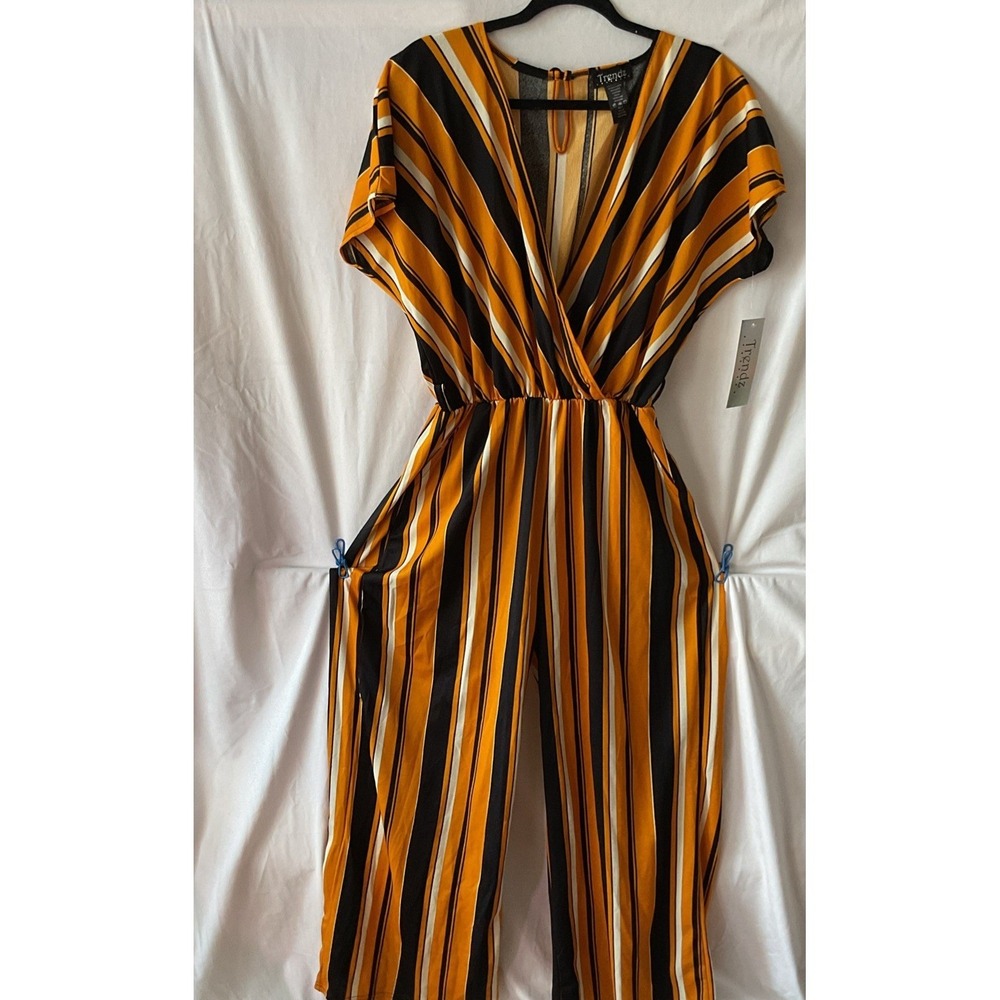 Trendz Womens 1X Tall Jumpsuit Orange Black Striped Wrap V-Neck Wide Leg NWT
